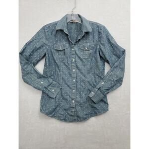Brooks Brothers Denim Shirt Womens 2 Blue White Floral Long Sleeve Button Up